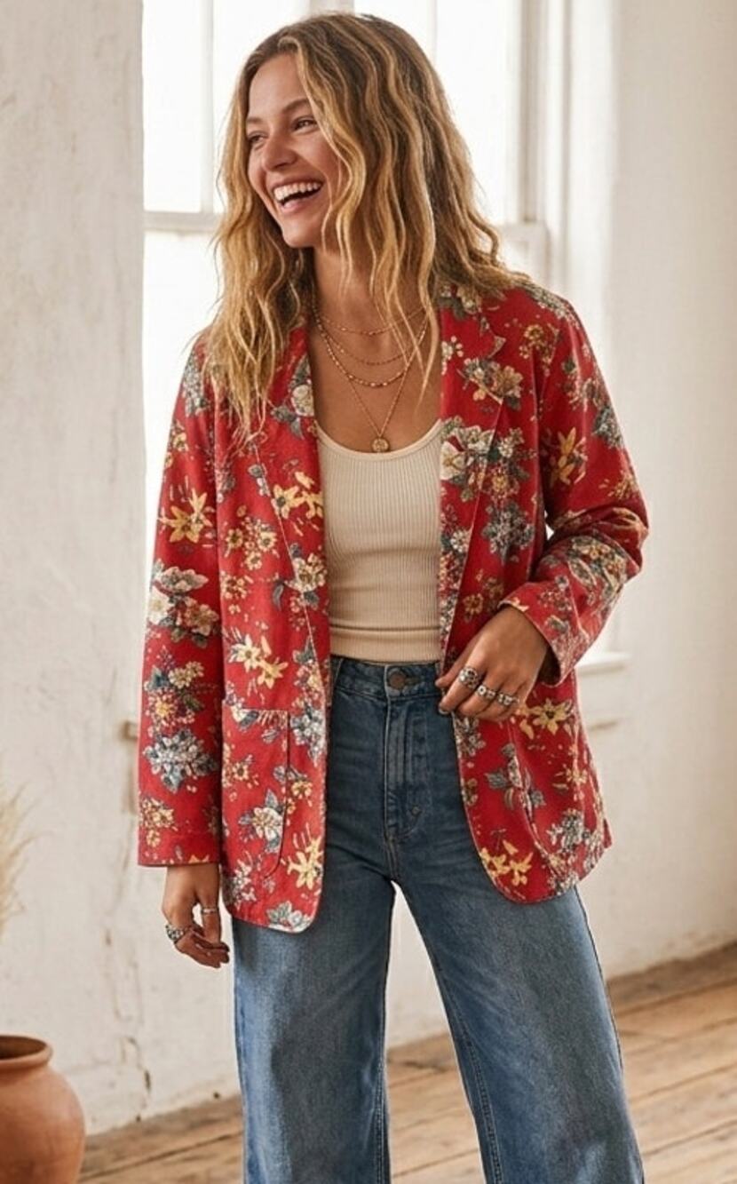 VTG Willowbend Floral Red Canvas Tapestry Garden Chore Coat S Cottagecore Boho